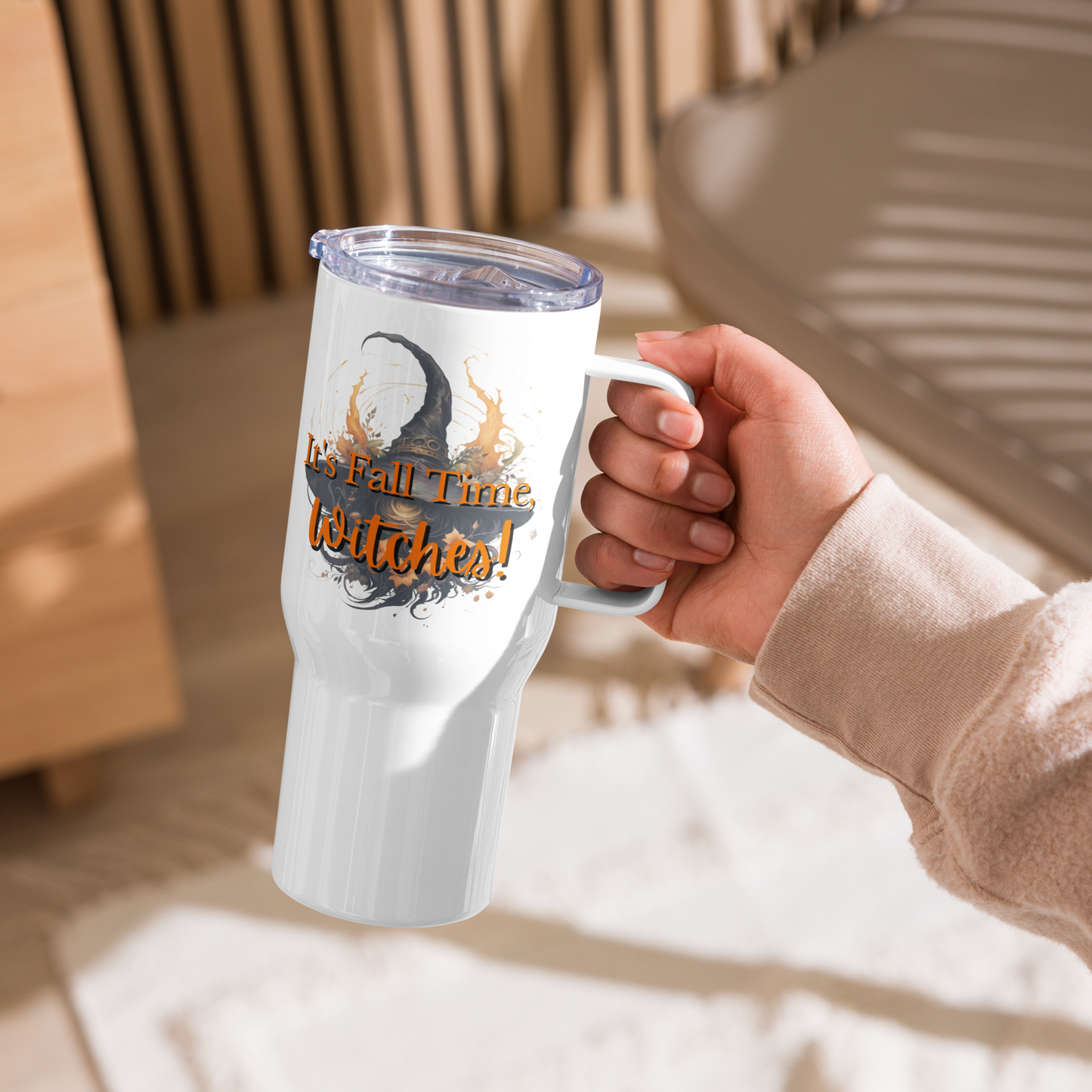 It's Fall Time, Witches! - 25 oz White Travel Mug with Handle – Great  Mornings Coffee & Tea